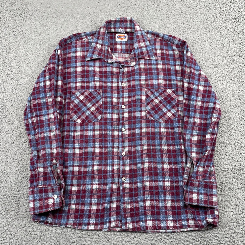 Vintage Dickies Flannel Shirt Mens L Red Blue Plaid Button Up Long Sleeve Cotton